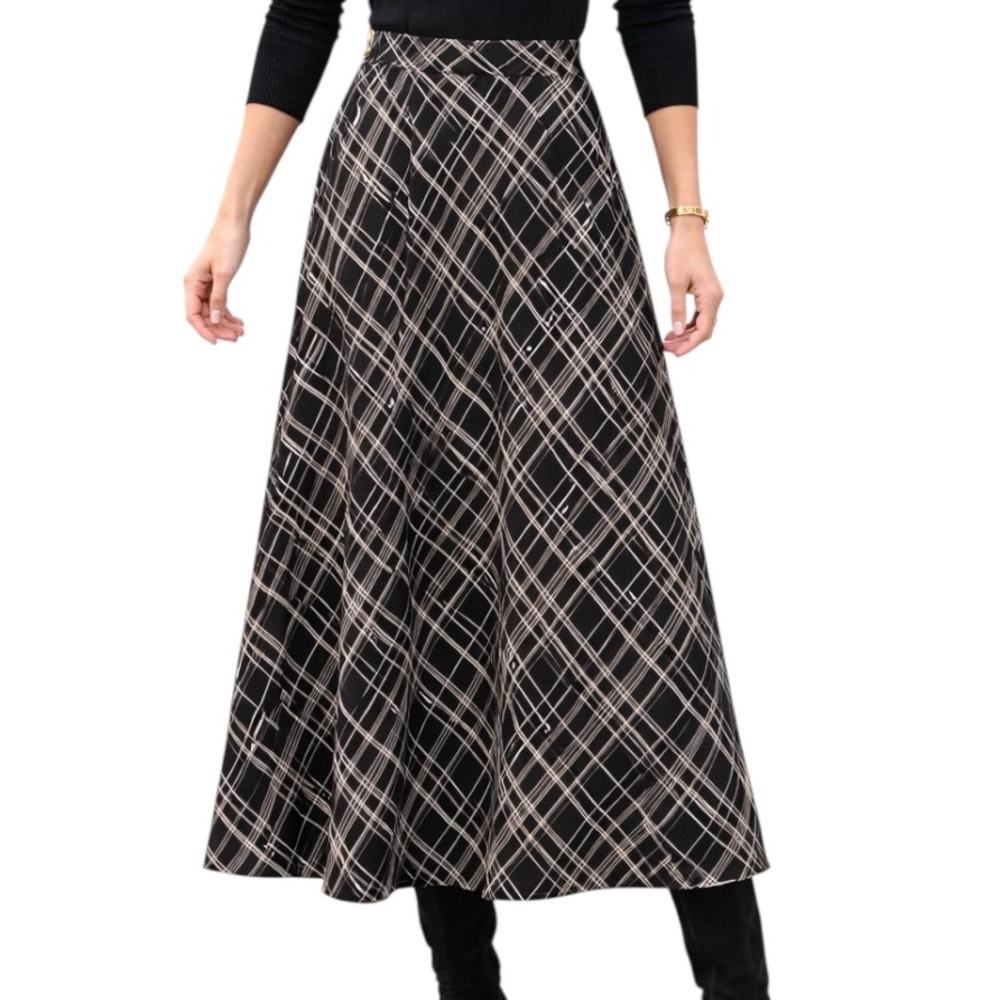 Liz Claiborne Collection Plaid Midi Skirt Black White Size 6 A-Line